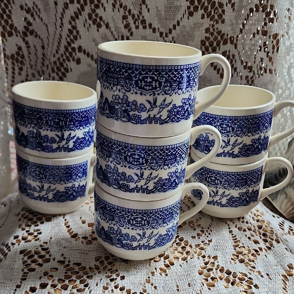 Vintage Chinoiserie Blue Willow Love Birds Coffee Tea Cocoa Mugs Set Of 7